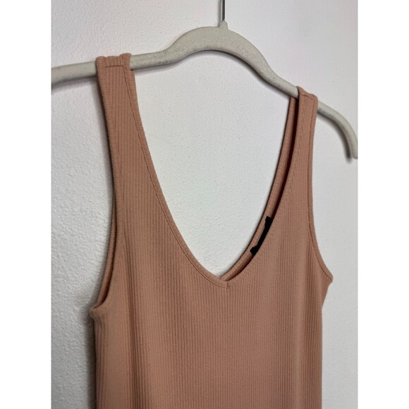 Forever 21 Small Sweater Knit Midi Dress Tan Nude Ribbed V-Neck Bodycon Stretch - Picture 2 of 7